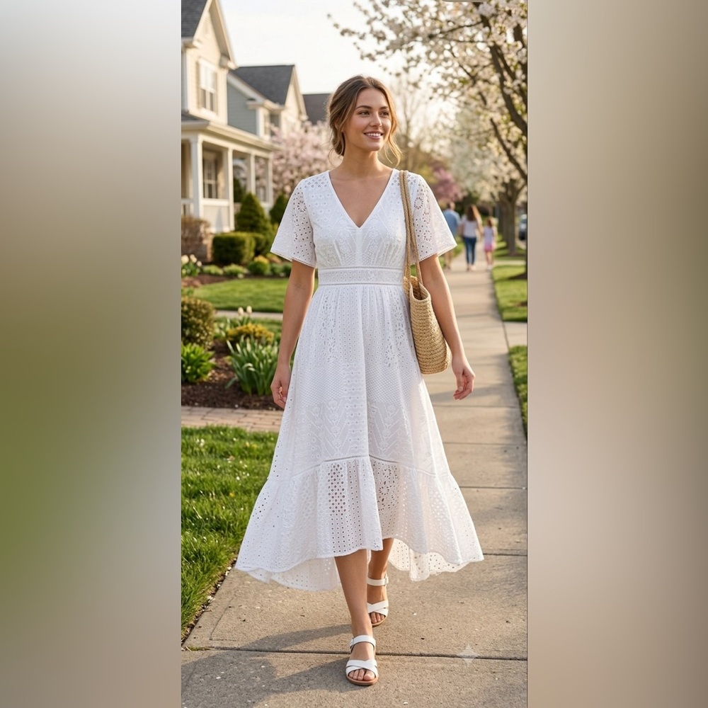 Ann Taylor White Eyelet V-Neck Dress with Short Sleeves